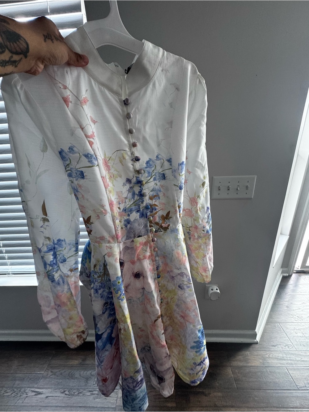 AKIRA White Floral Midi Dress with Pastel Blue & Pink Accents